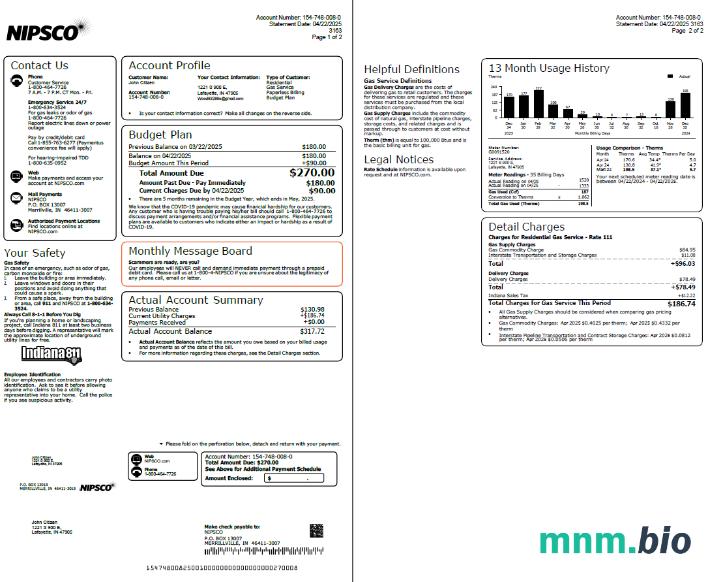 Szablon rachunku za media USA NIPSCO w formatach Word i PDF, 2 strony